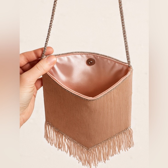 Vintage 90s/00s Blush Beaded Fringe Evening Bag w/ Rhinestone Strap - Picture 12 of 13